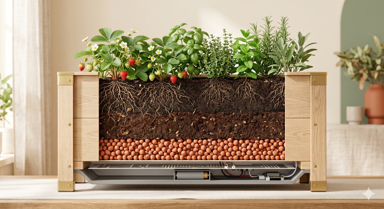 Vue en coupe d'Eden.Grow : sol vivant stratifié, racines et substrat