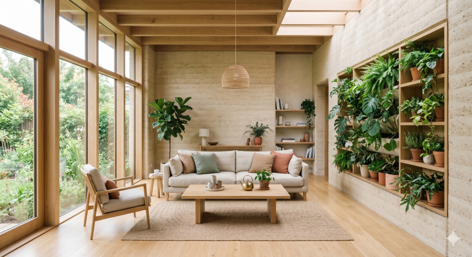 Salon bioclimatique lumineux : bois clair, grandes baies, mur végétal de plantes en pot — un mode de vie réconcilié avec le vivant.