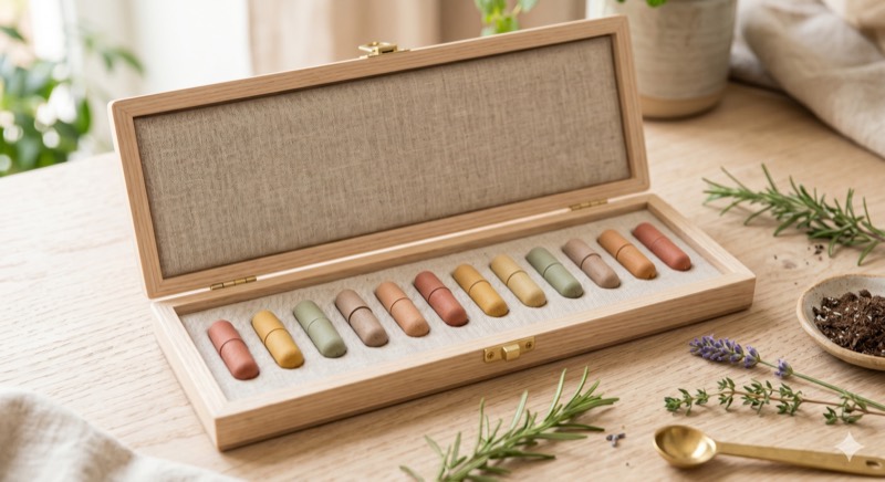 Coffret bois ouvert présentant les 12 Eden.Sticks aux teintes naturelles.