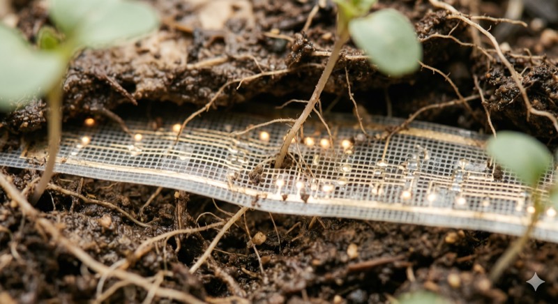 Macro de la nappe SenseLayer : maille de capteurs dorés dans le substrat.